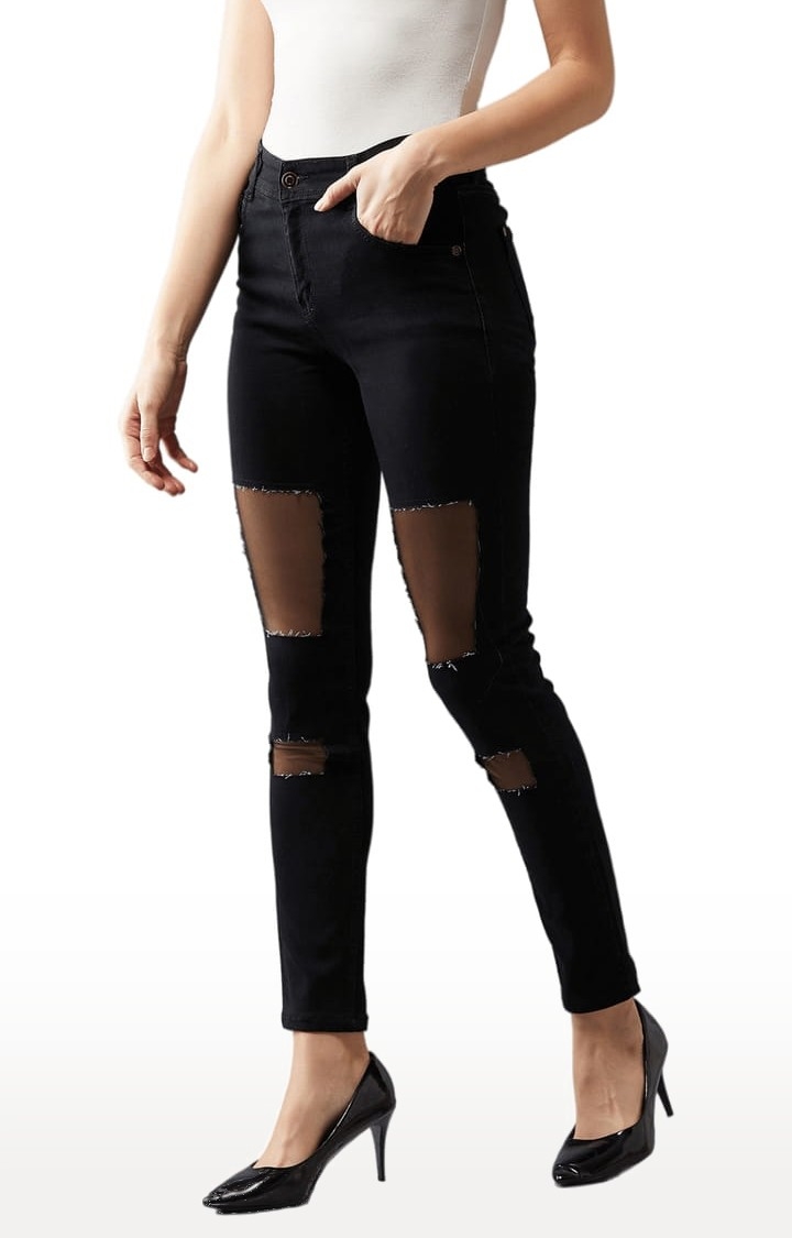 Women's Black Cotton Ripped Ripped Jeans