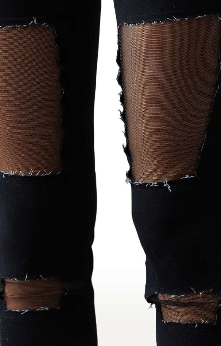 Women's Black Cotton Ripped Ripped Jeans