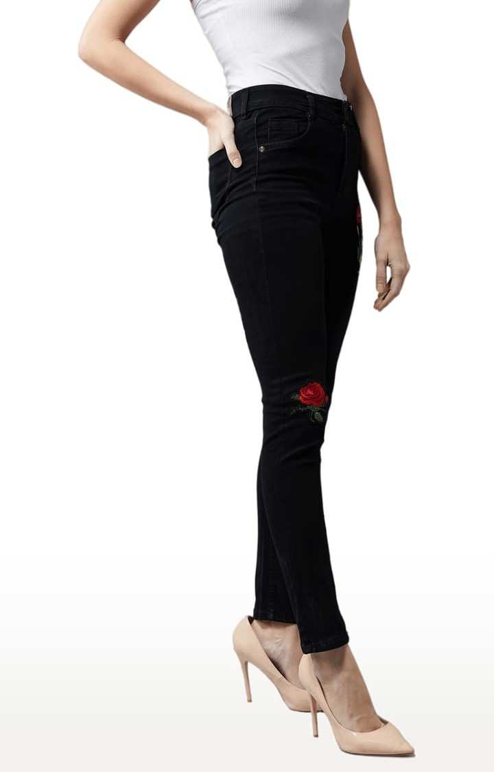 Women's Black Cotton Embroidered Skinny Jeans