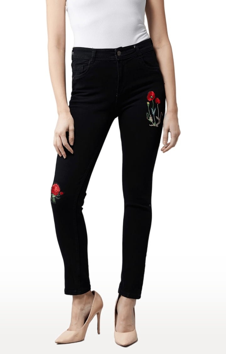 Dolce Crudo | Women's Black Cotton Embroidered Skinny Jeans