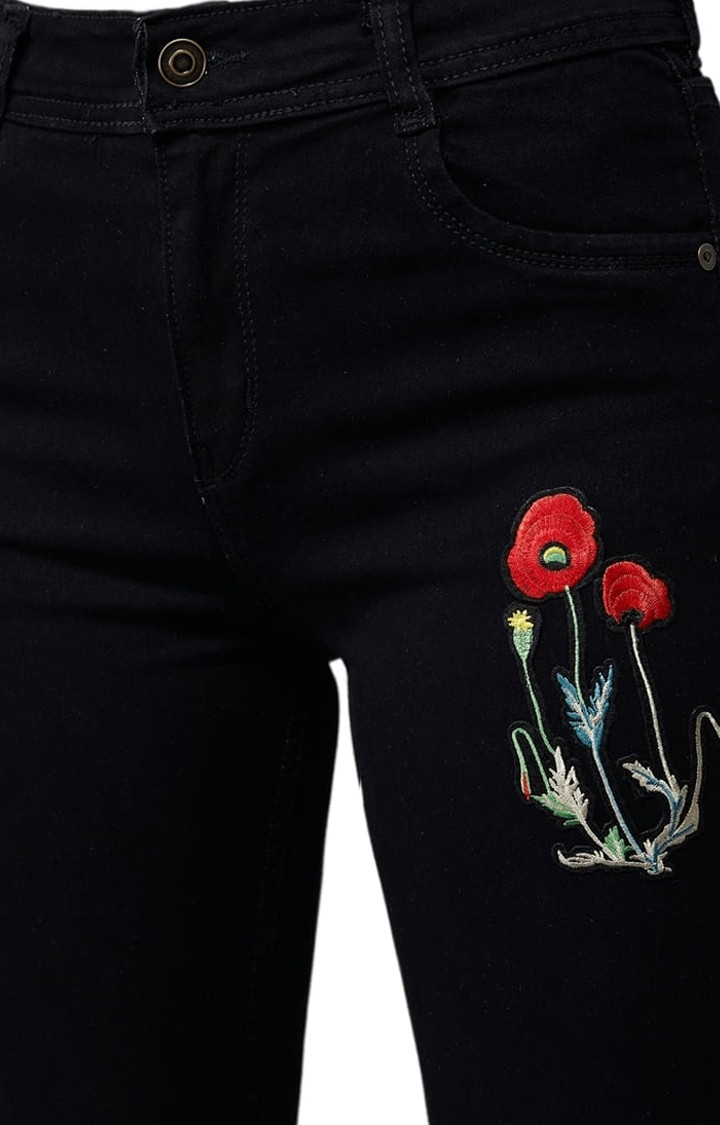 Women's Black Cotton Embroidered Skinny Jeans