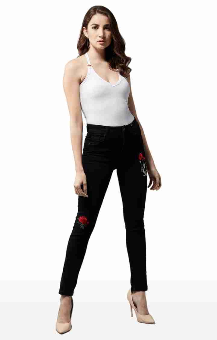 Women's Black Cotton Embroidered Skinny Jeans