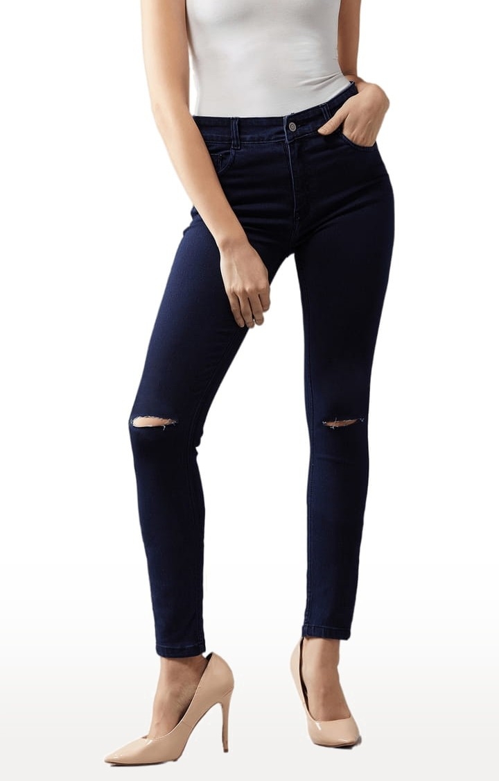 Women's Navy Blue Cotton Ripped Ripped Jeans