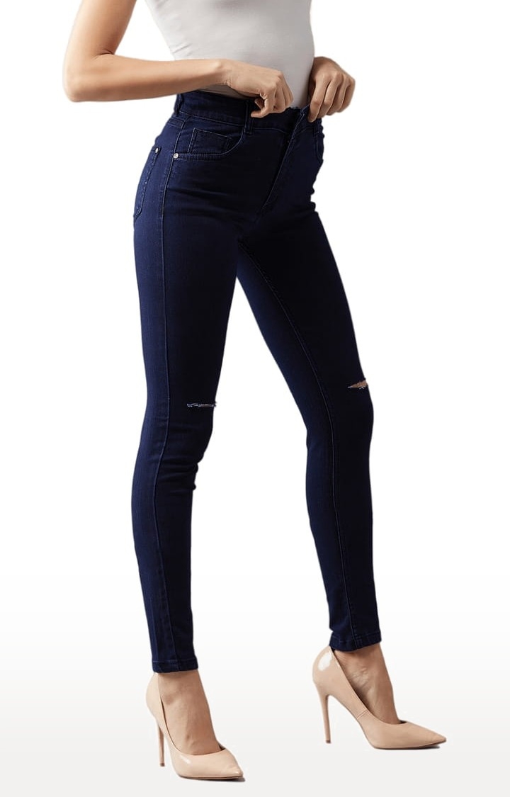 Women's Navy Blue Cotton Ripped Ripped Jeans