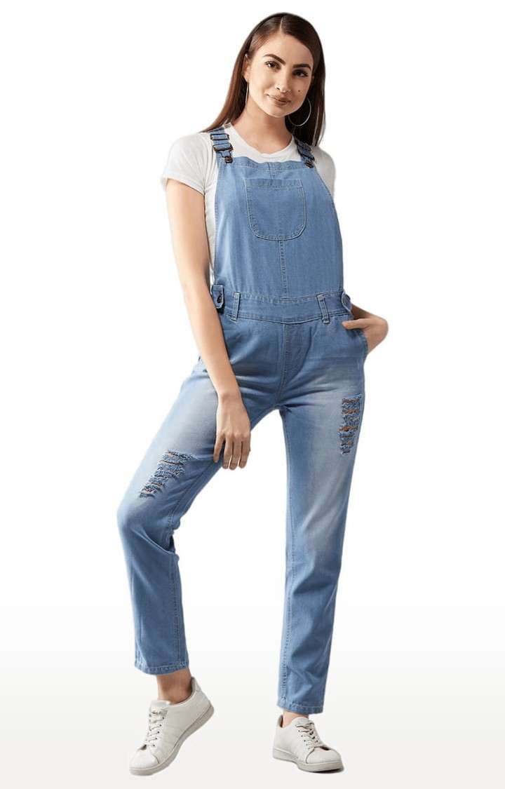 Women's Light Blue Cotton Solid Dungaree