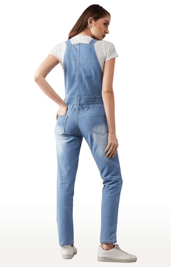 Women's Light Blue Cotton Solid Dungaree