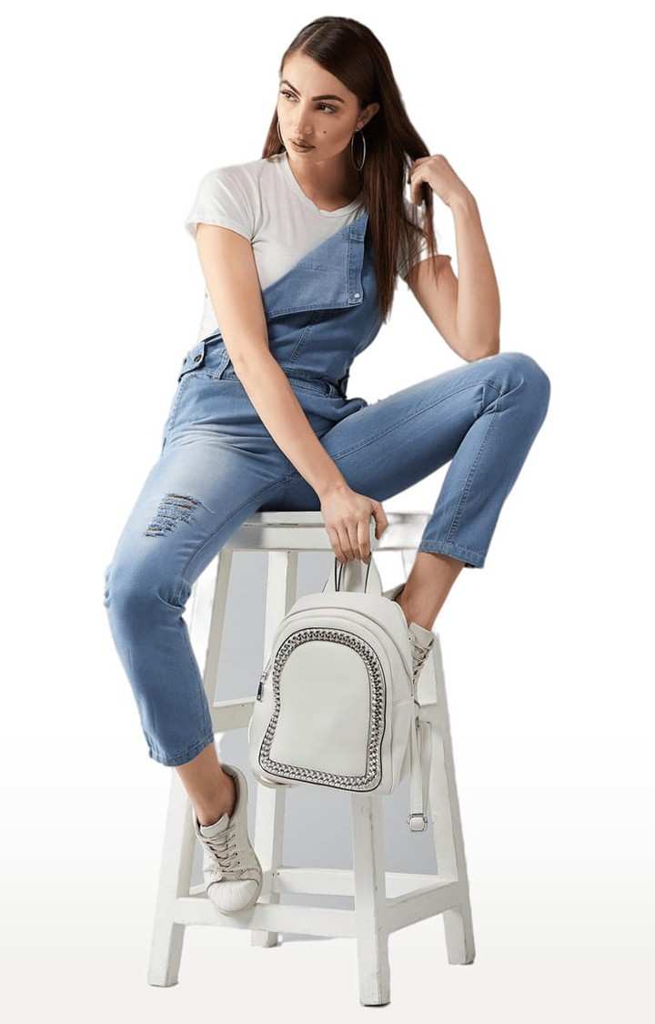 Women's Light Blue Cotton Solid Dungaree