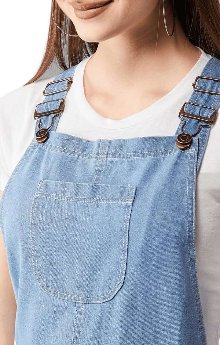 Women's Light Blue Cotton Solid Dungaree