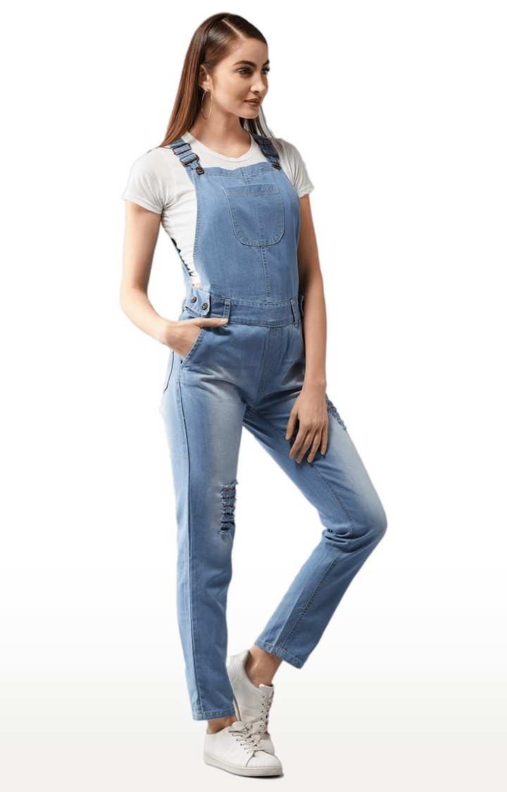 Women's Light Blue Cotton Solid Dungaree