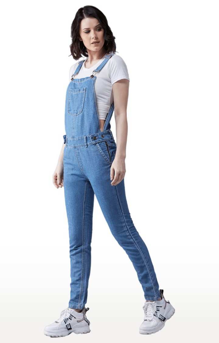 Women's Blue Cotton Solid Dungaree