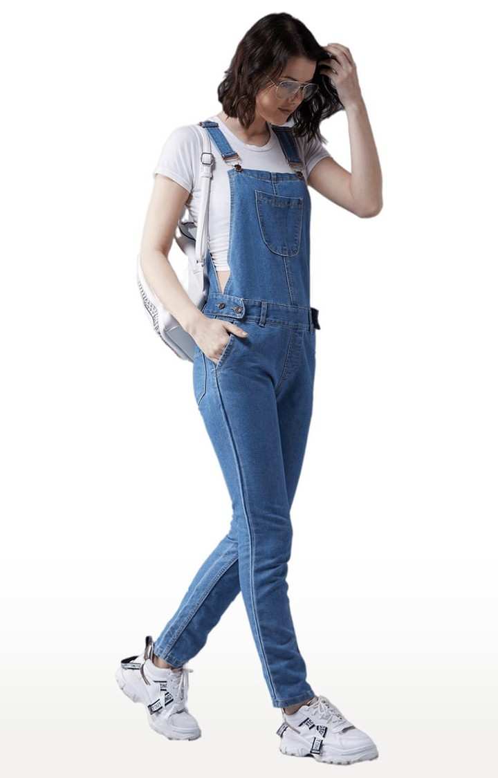 Women's Blue Cotton Solid Dungaree