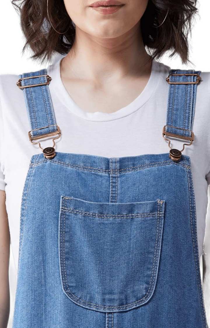 Women's Blue Cotton Solid Dungaree