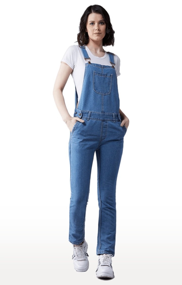 Women's Blue Cotton Solid Dungaree