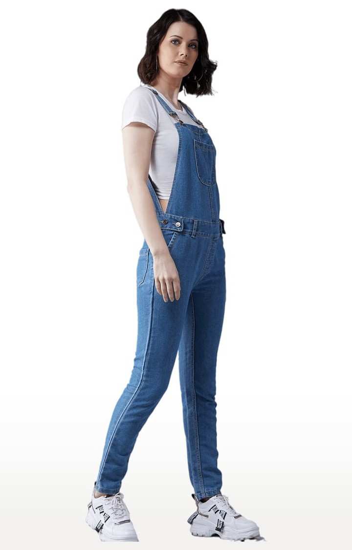 Women's Blue Cotton Solid Dungaree