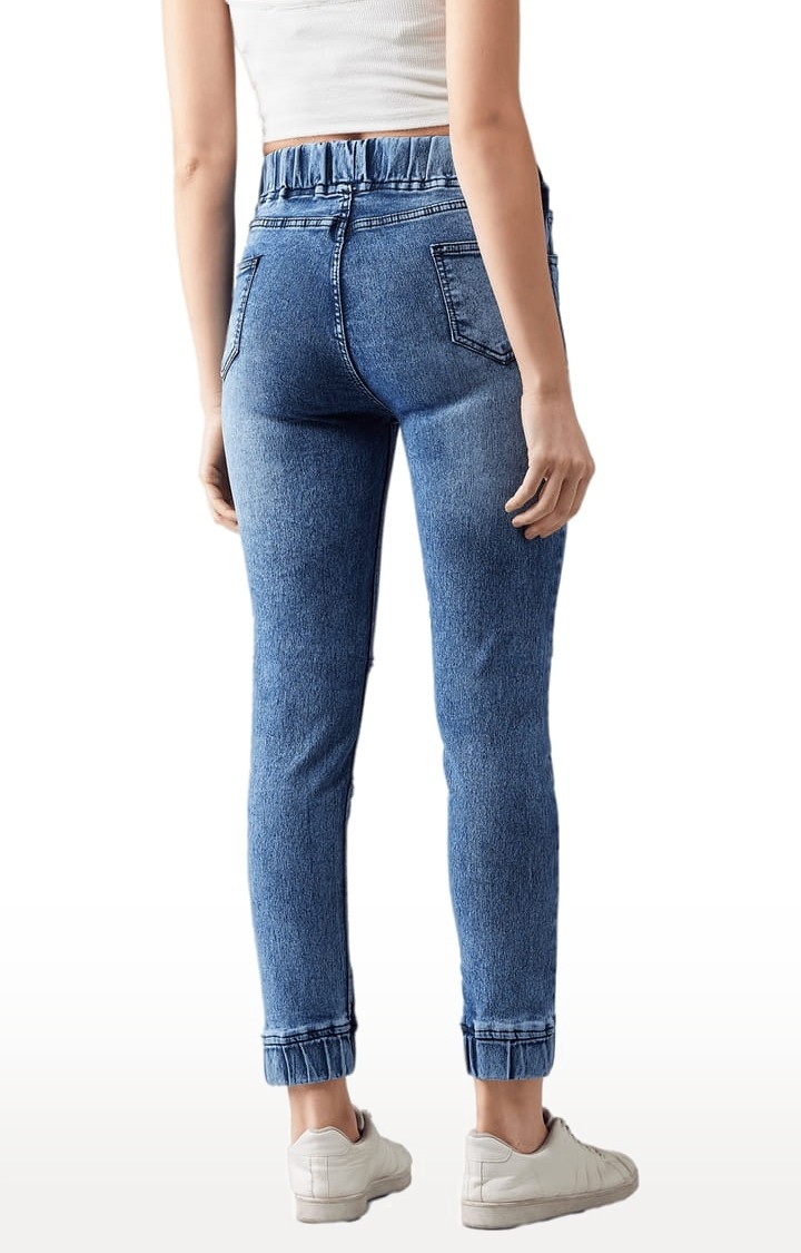 Women's Blue Cotton Solid Joggers Jeans