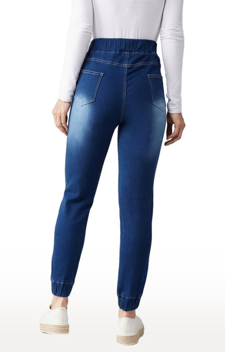 Women's Navy Blue Cotton Solid Joggers Jeans