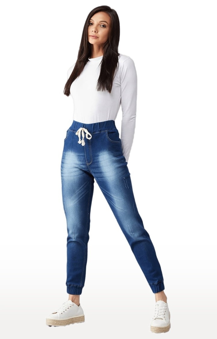 Women's Navy Blue Cotton Solid Joggers Jeans