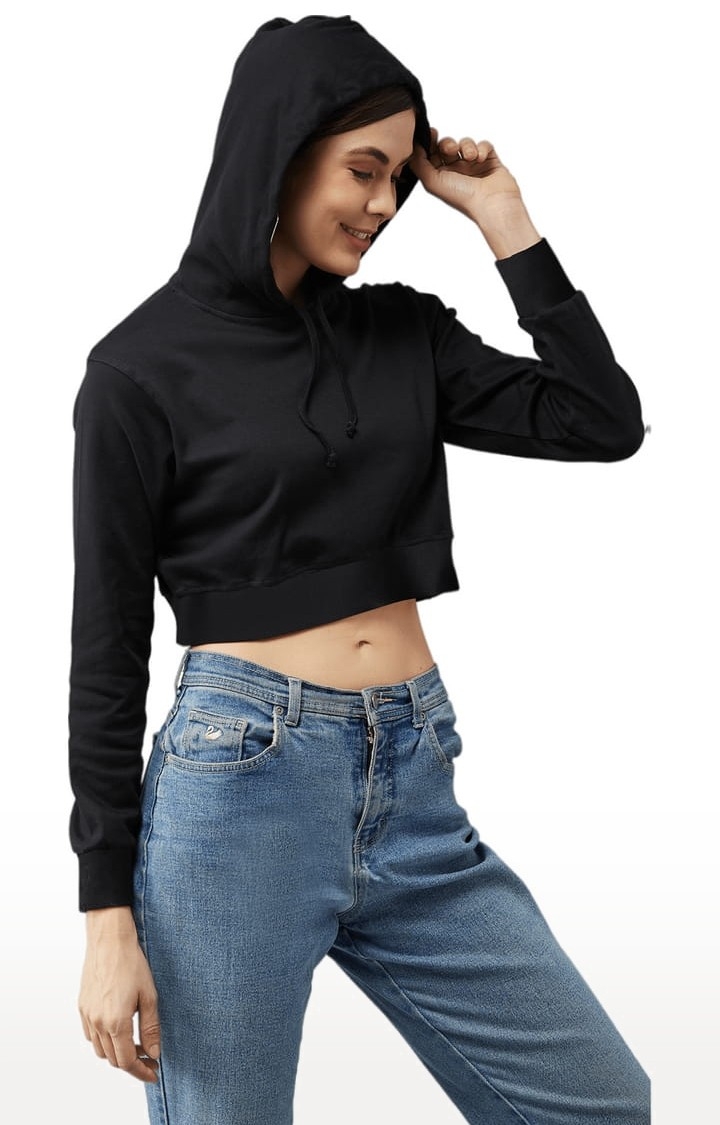 Women's Black Cotton Solid Sweatshirt