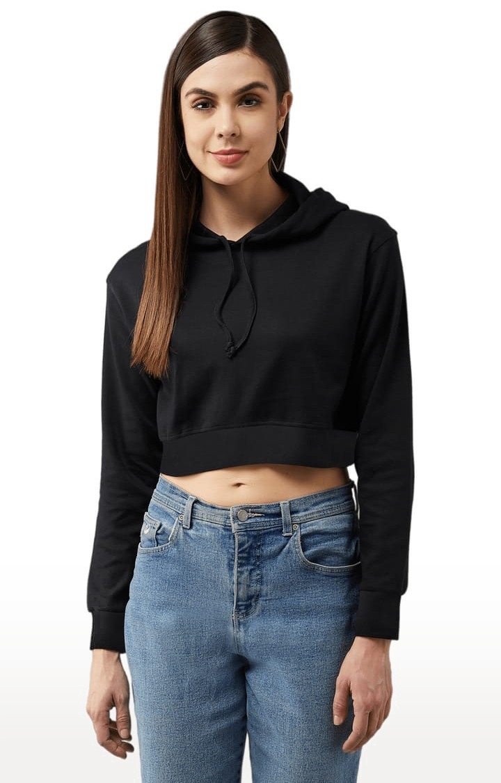 Women's Black Cotton Solid Sweatshirt