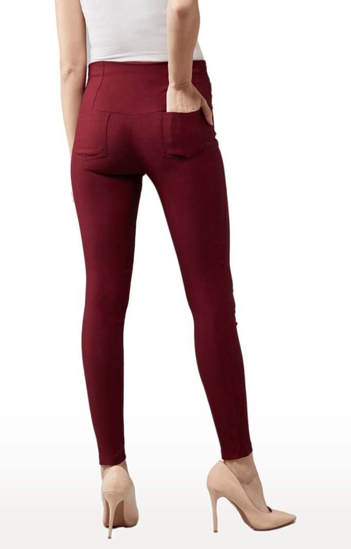 Women's Maroon Polyester Solid Jegging