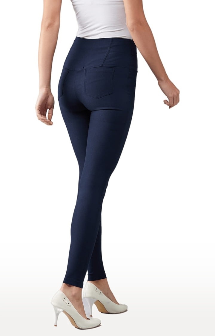 Women's Navy Blue Polyester Solid Jegging