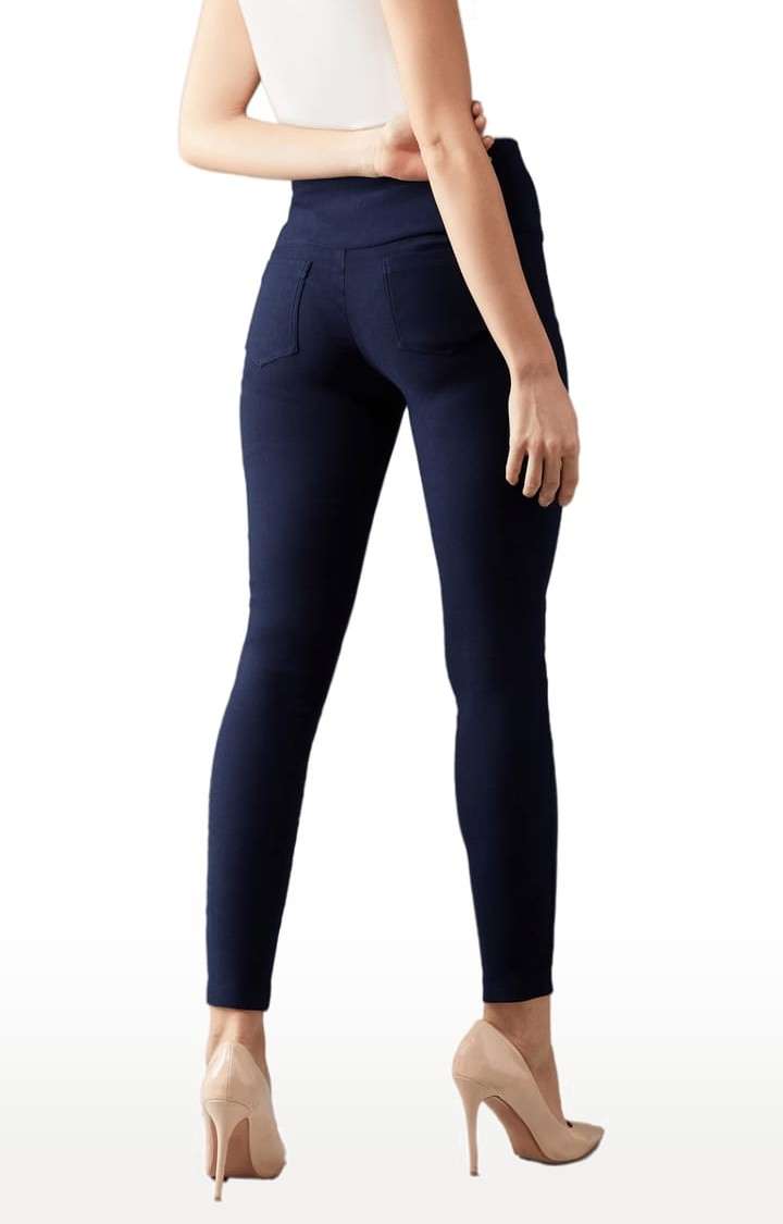 Women's Navy Blue Polyester Solid Jegging