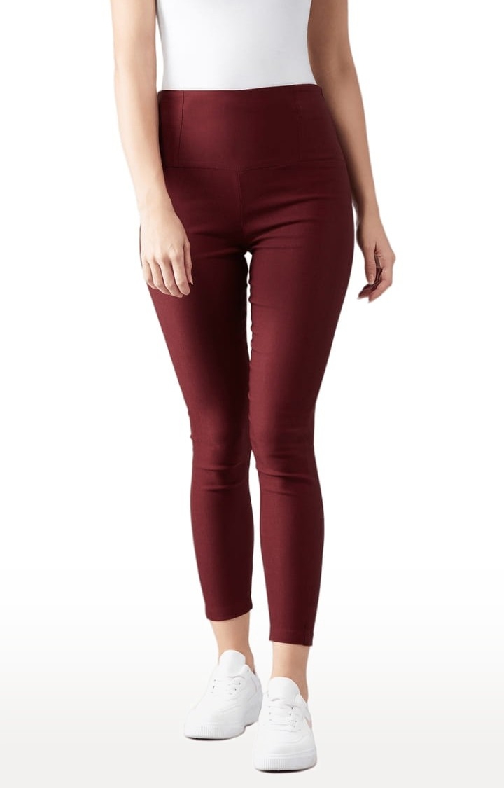 Women's Maroon Polyester Solid Jegging
