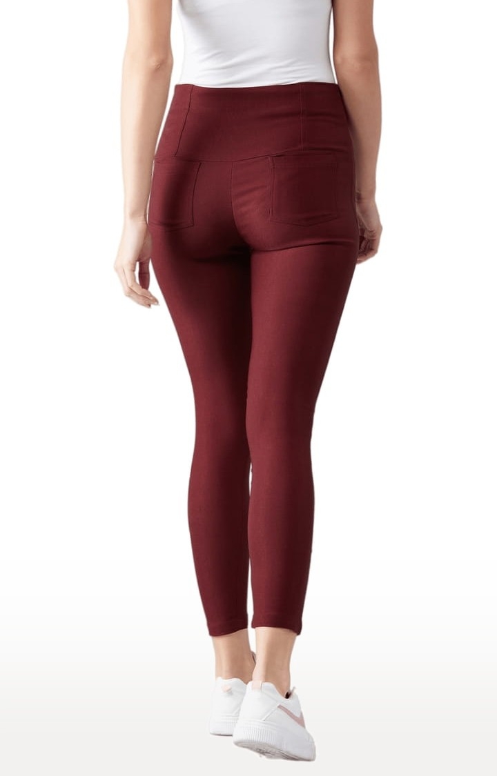 Women's Maroon Polyester Solid Jegging