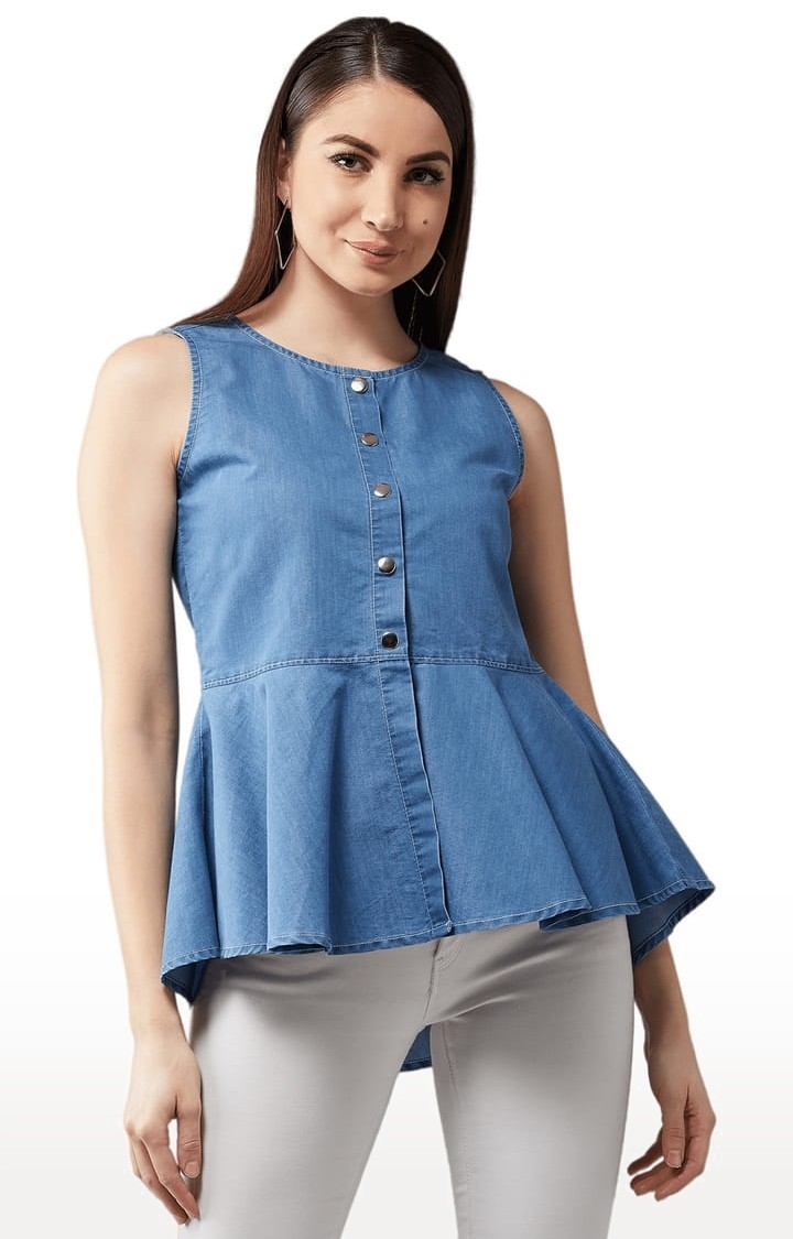 Women's Blue Cotton Solid Peplum Top