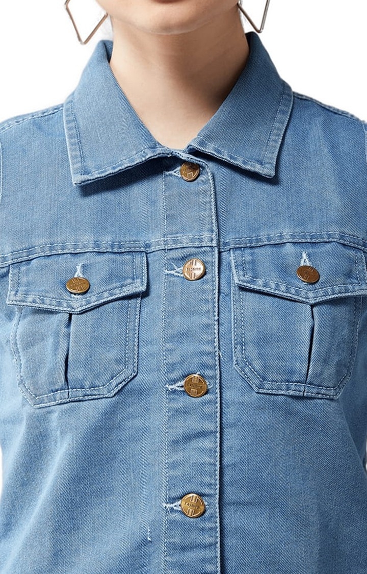 Dolce Crudo | Women's Light Blue Cotton Solid Denim Jacket 5