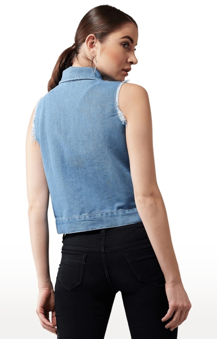 Dolce Crudo | Women's Light Blue Cotton Solid Denim Jacket 4