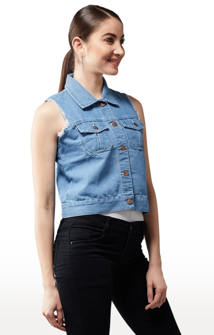 Dolce Crudo | Women's Light Blue Cotton Solid Denim Jacket 3