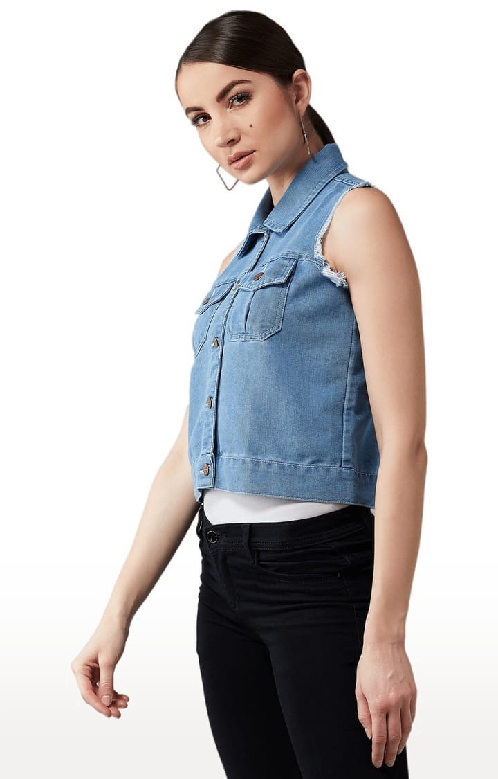 Dolce Crudo | Women's Light Blue Cotton Solid Denim Jacket 2