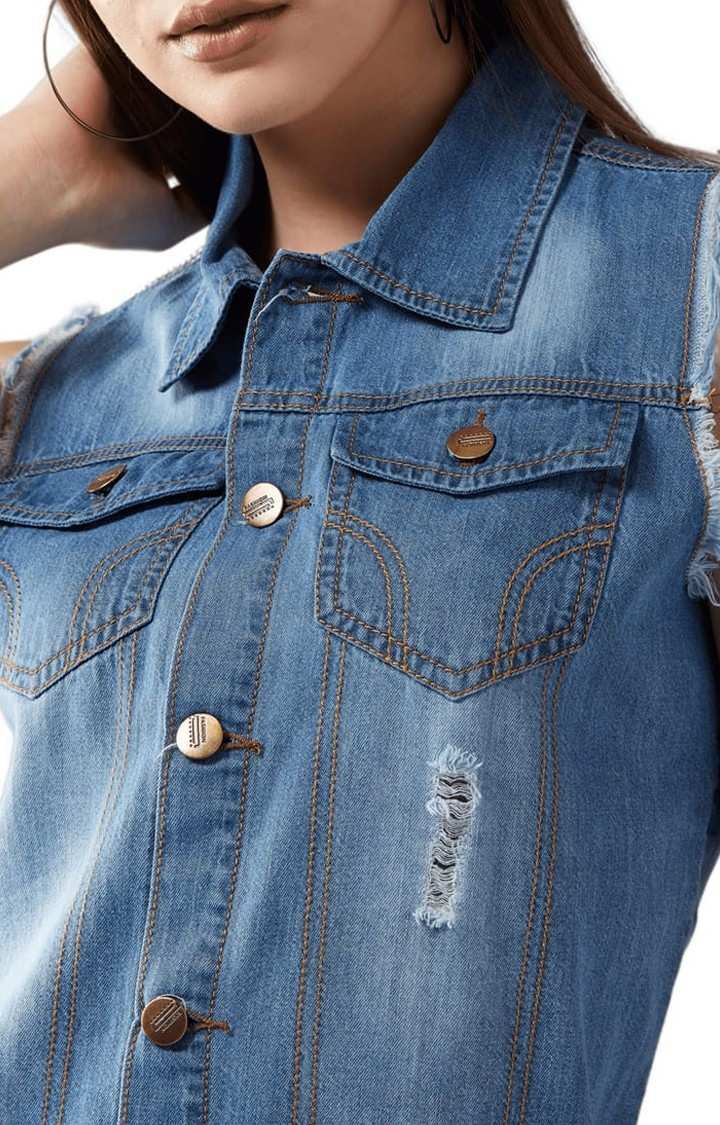 Women's Blue Cotton Solid Denim Jacket