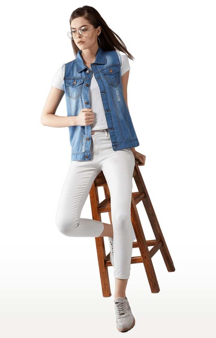 Women's Blue Cotton Solid Denim Jacket