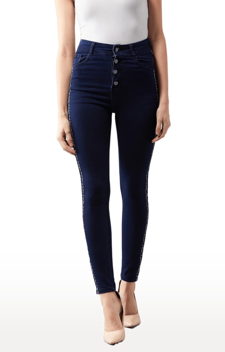 Women's Navy Blue Cotton Solid Skinny Jeans