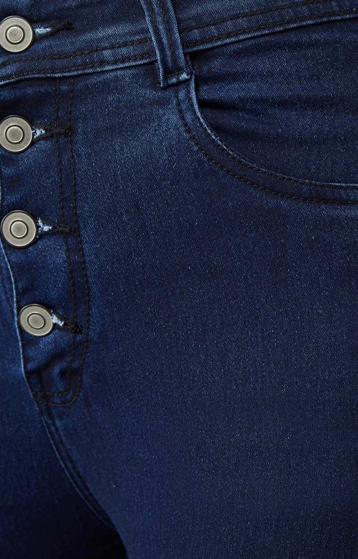 Women's Navy Blue Cotton Ripped Ripped Jeans