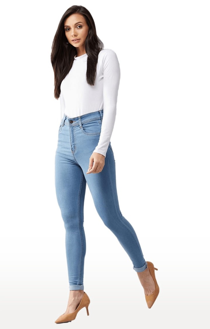 Women's Blue Cotton Solid Skinny Jeans