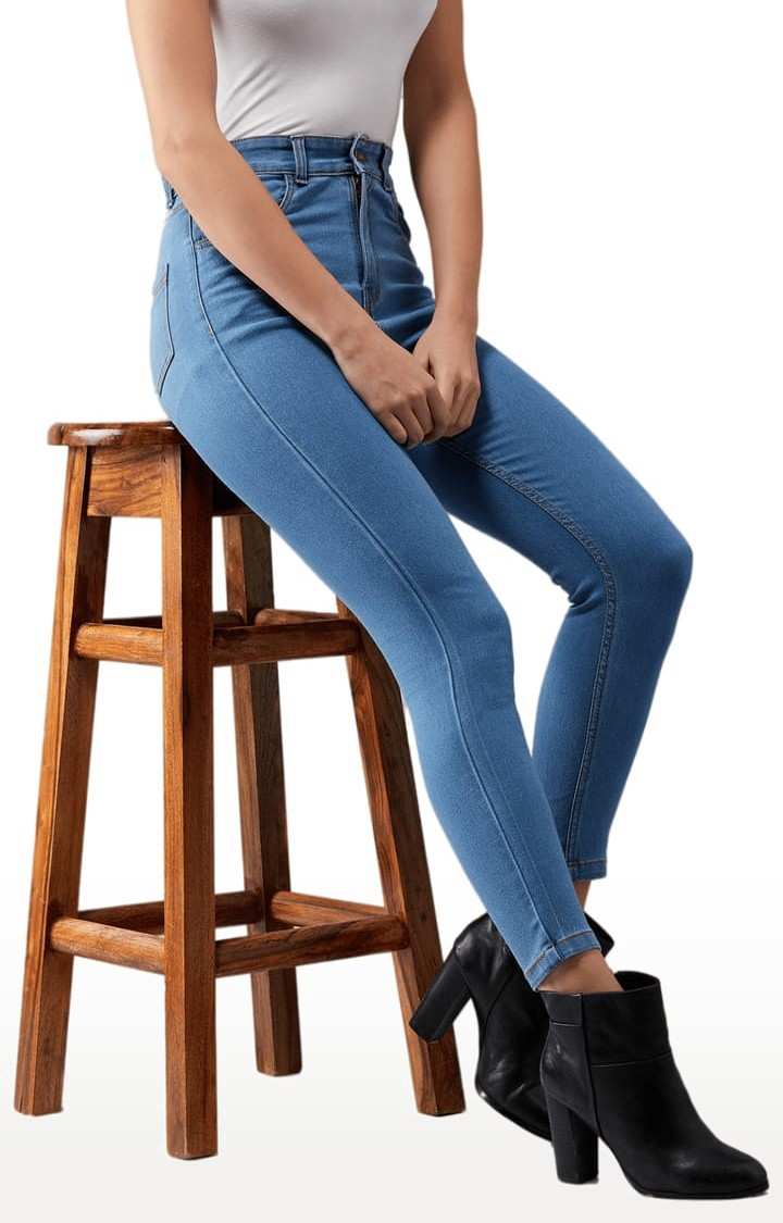 Women's Blue Cotton Solid Skinny Jeans