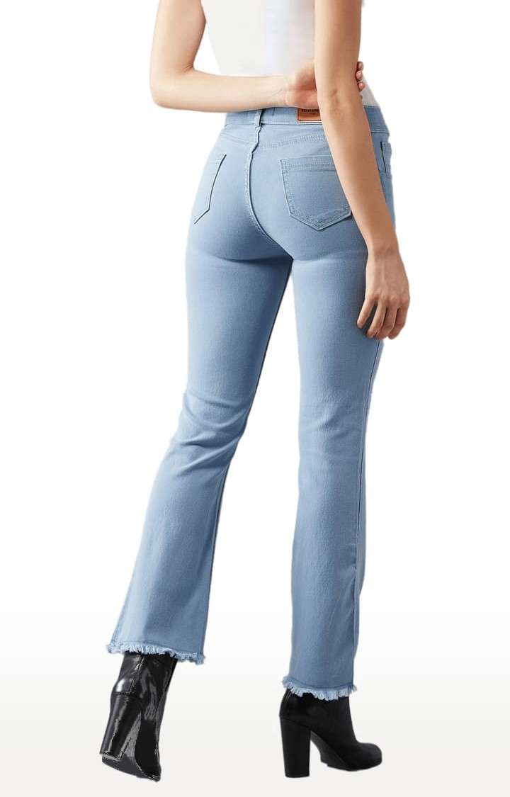 Women's Blue Cotton Solid Flared Jeans