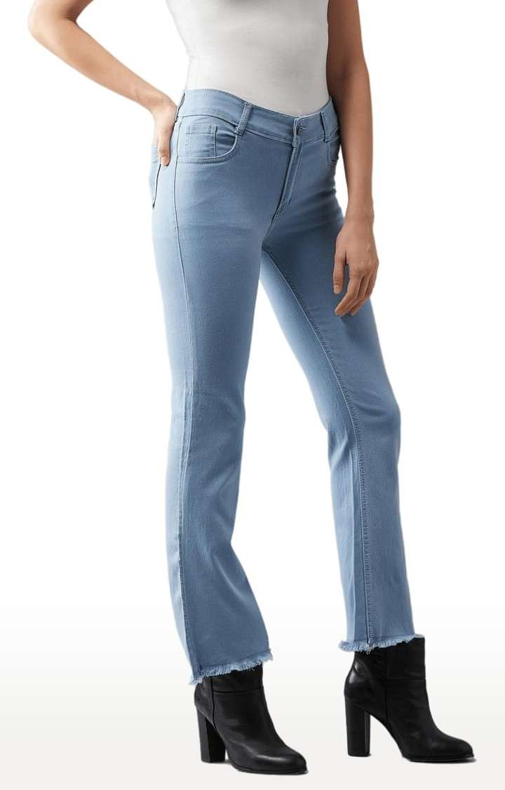 Women's Blue Cotton Solid Flared Jeans