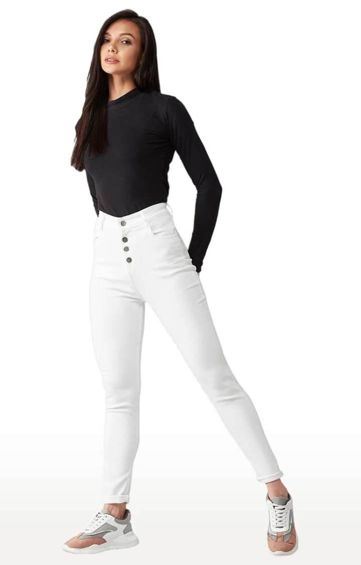 Women's White Cotton Solid Skinny Jeans