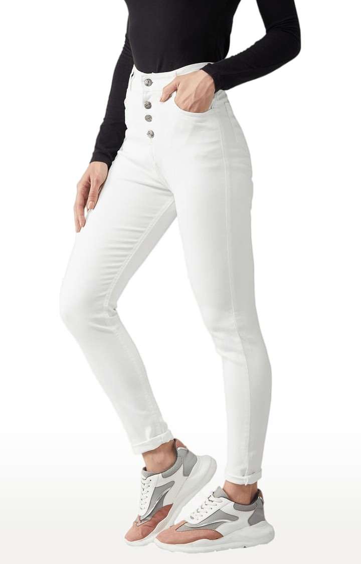 Women's White Cotton Solid Skinny Jeans