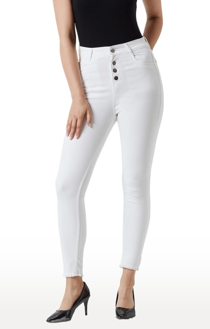 Dolce Crudo | Women's White Cotton Solid Skinny Jeans