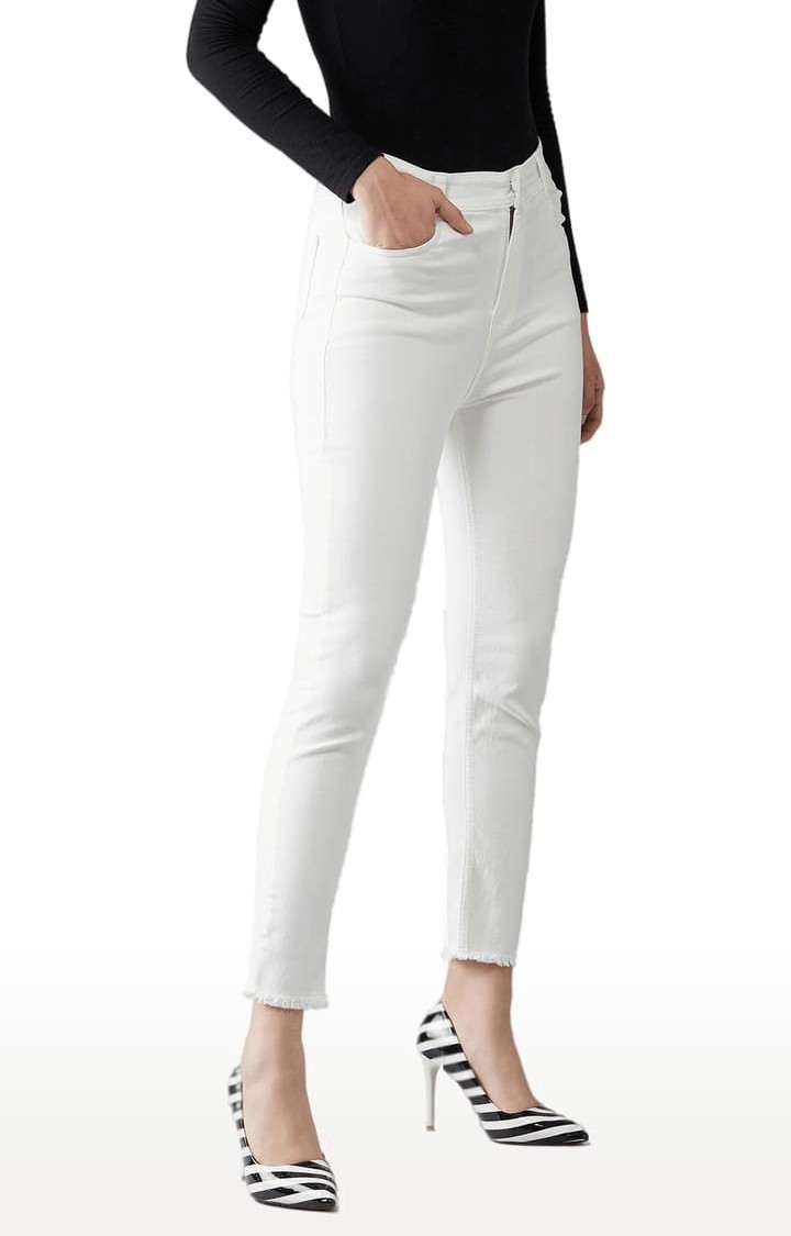 Women's White Cotton Solid Skinny Jeans