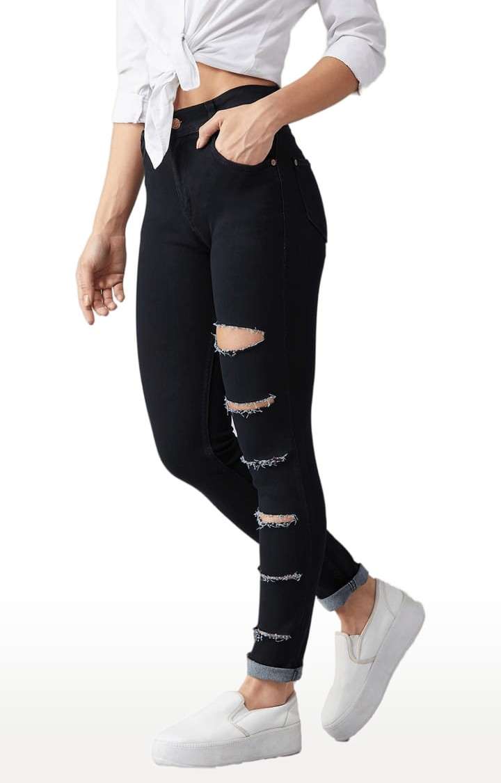 Women's Black Cotton Ripped Ripped Jeans