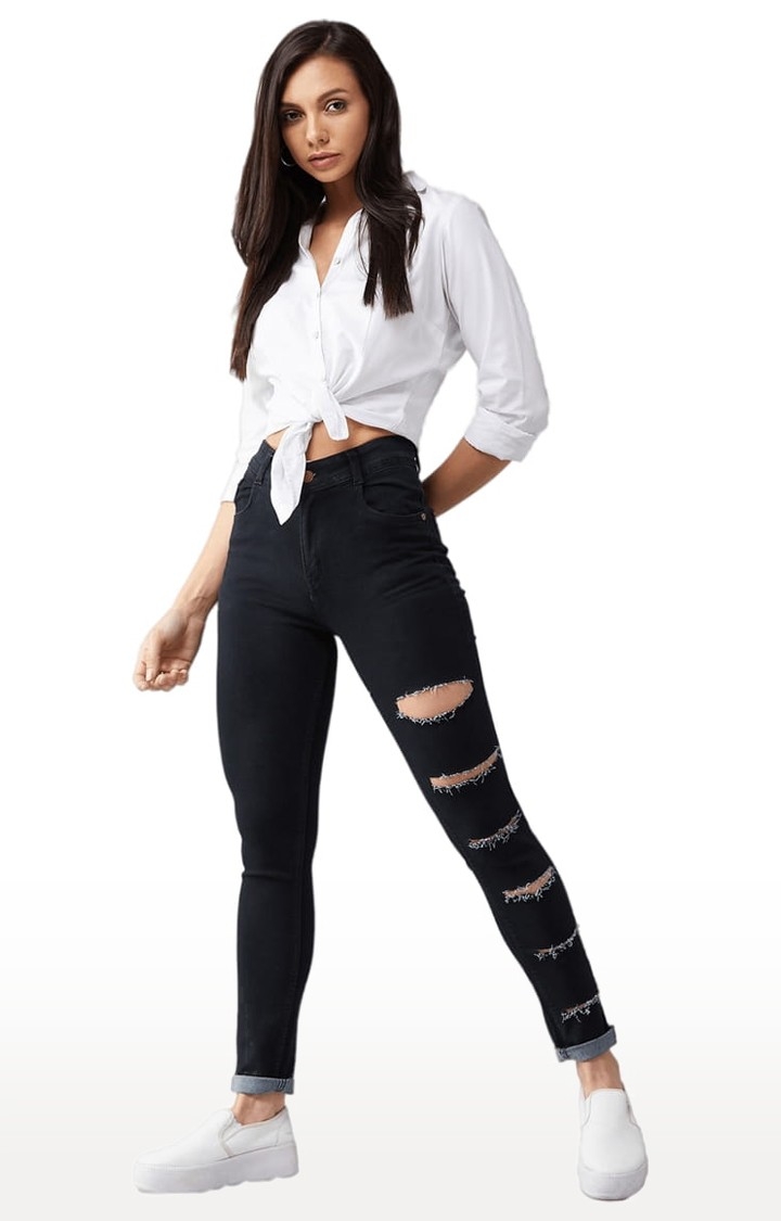Women's Black Cotton Ripped Ripped Jeans