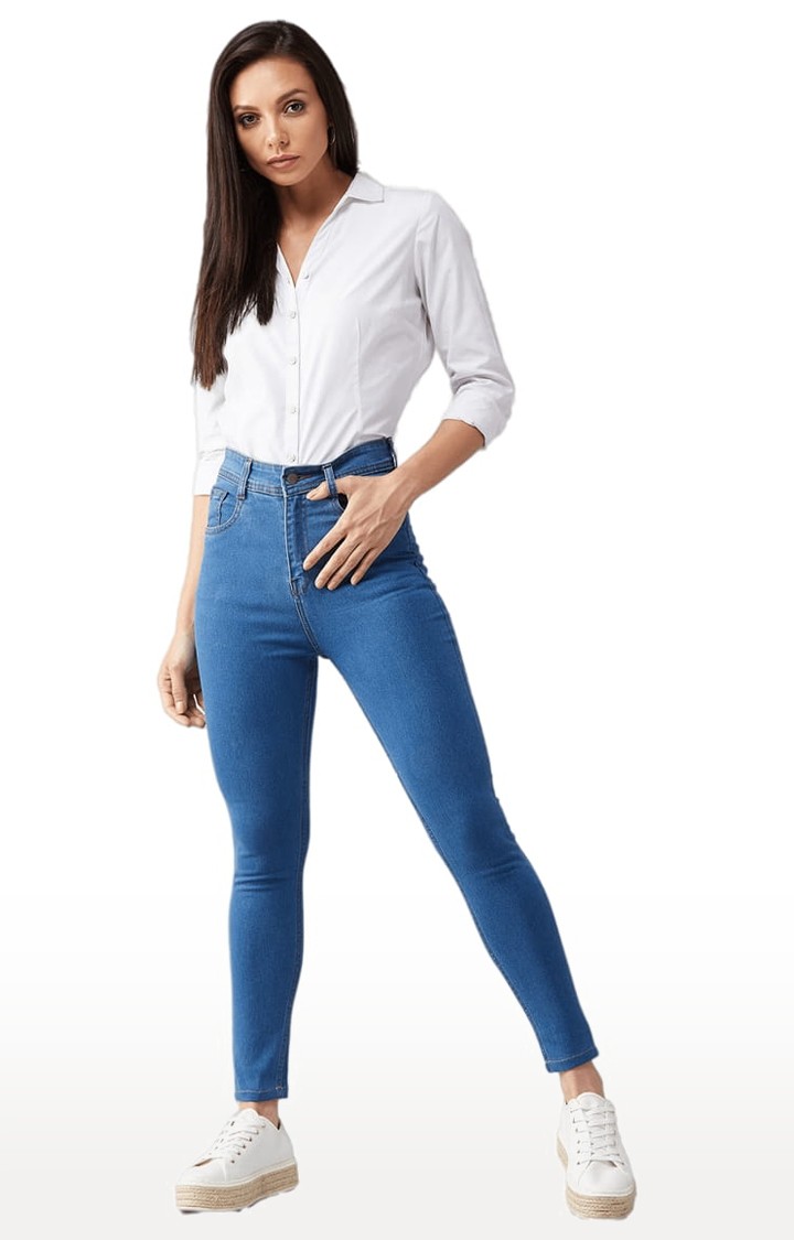 Women's Blue Cotton Solid Skinny Jeans