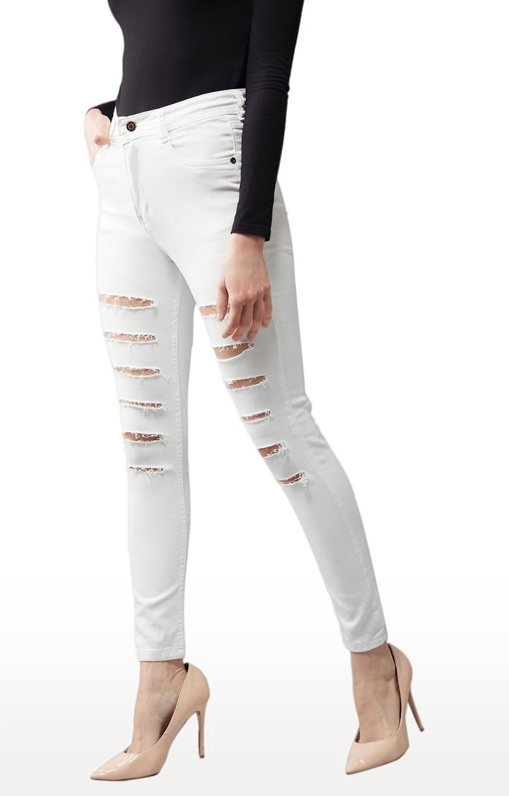 Women's White Cotton Ripped Ripped Jeans