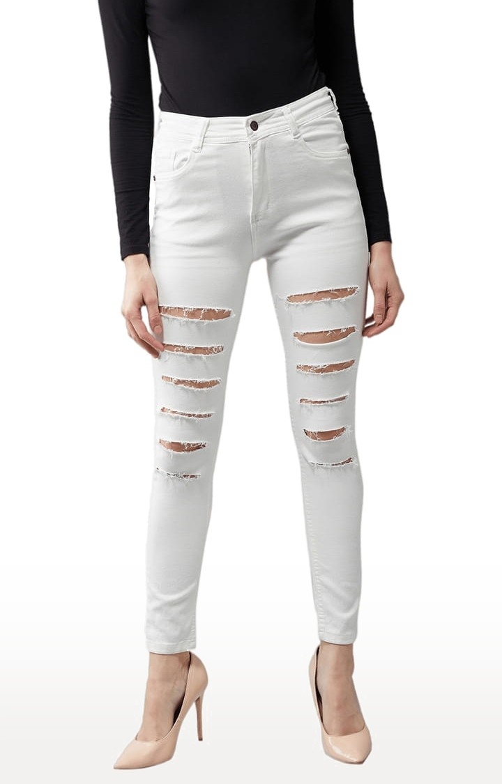 Dolce Crudo | Women's White Cotton Ripped Ripped Jeans